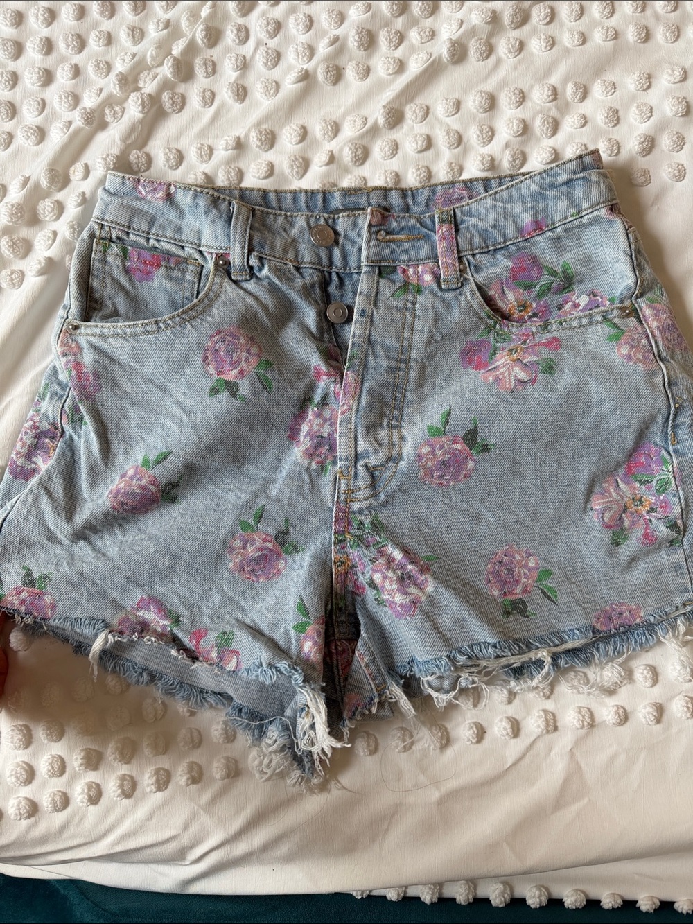 wild fable Floral Light Blue Denim Shorts with Pink Roses